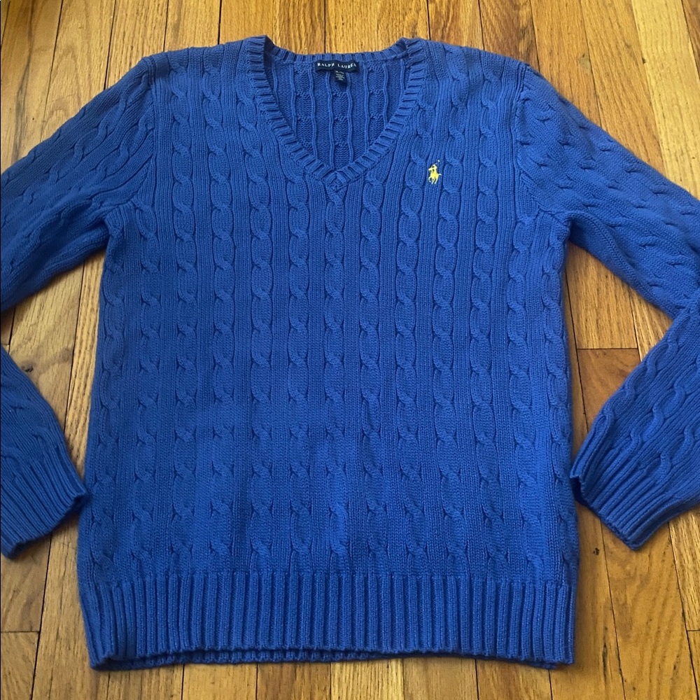 Ralph Lauren Cable Knit V Neck Sweater Size XL 100% Cotton Periwinkle Blue EUC - Picture 5 of 14